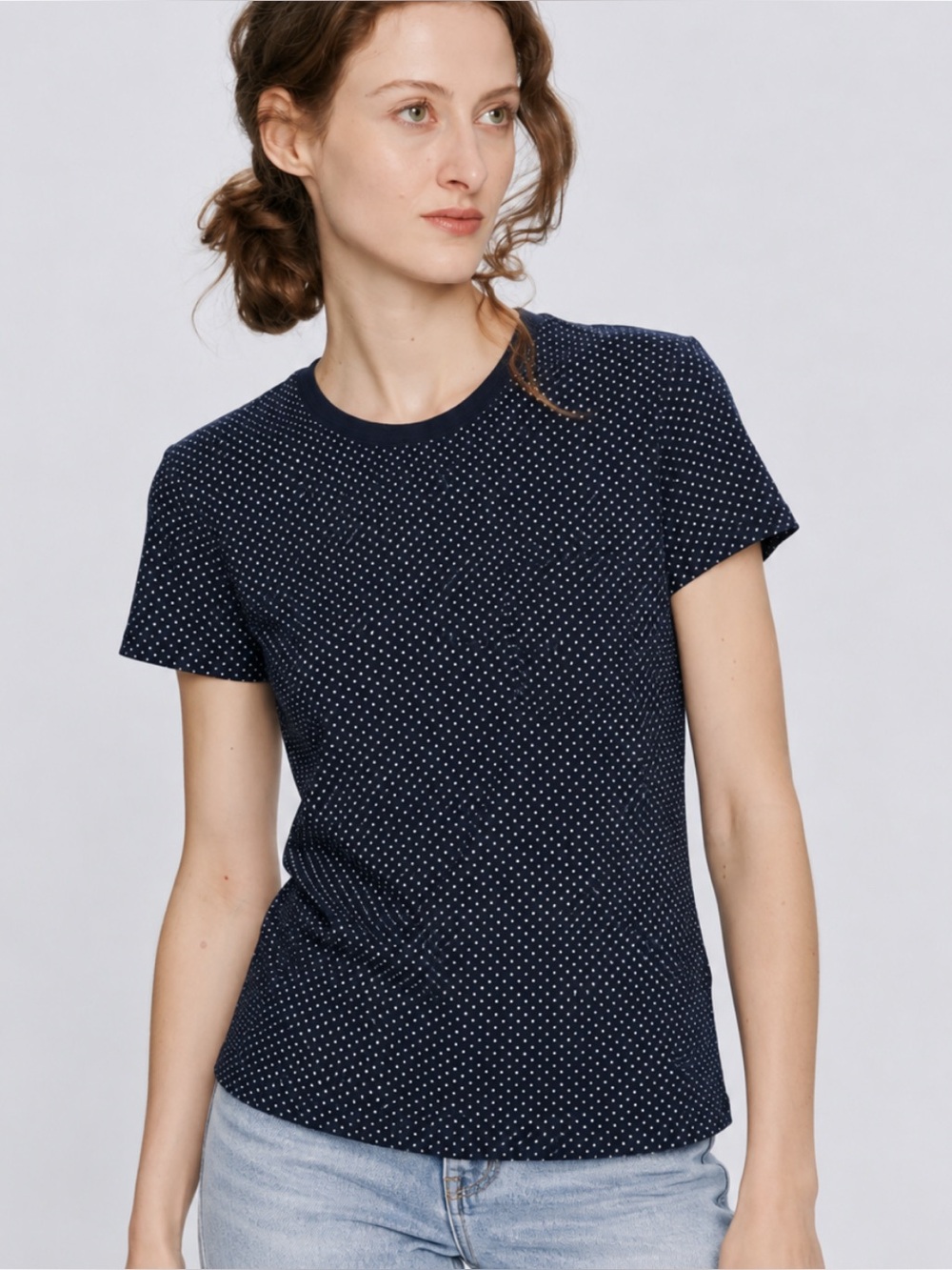 ATM Anthony Thomas Melillo Polka Dot Short Sleeve Tee Shirt in Navy Blue